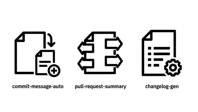 Software development workflow icons including commit message pull request and changelog with development workflow software changelog programming document automatic settings configuration