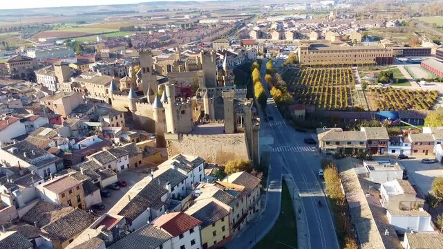 Royal Palace of Olite. Aerial view of the castle and medieval battlements at sunset. Fairytale castle. Olite. Navarre. Spain.