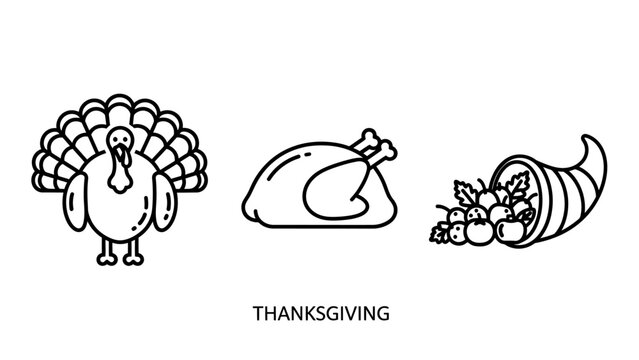 Thanksgiving holiday seasonal line icon set featuring turkey and cornucopia thanksgiving cornucopia seasonal celebration tradition vegetable festival november illustration gratitude