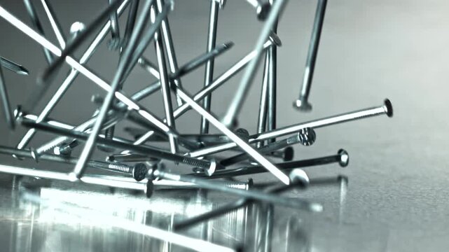 Closeup pile of scattered nails, galvanized steel sheen, carpentry Filmed on a high-speed camera at 1000 fps.