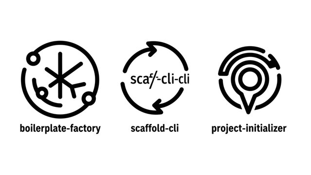Set of software development and project initialization icons with software development initializer scaffold boilerplate programming technology computer architecture structure template