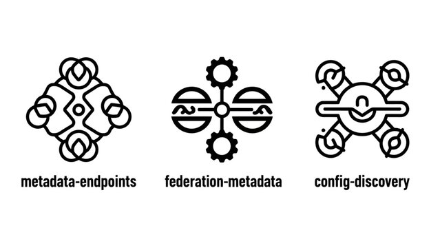 Set of abstract network and technology icons representing metadata endpoints federation and config discovery with technology metadata federation discovery configuration abstract structure