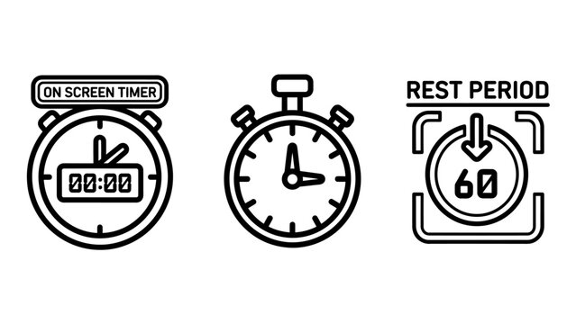 Set of screen timer and stopwatch linear icons for time management with stopwatch duration management measurement interface countdown productivity schedule tracking business minimalist