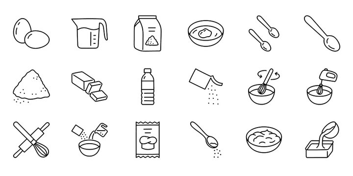 Baking Ingredients and Kitchen Recipe Line Icons Set. Cake, Muffin, Dough, Flour, Egg, Butter, Sugar and Baking Tools Vector Illustration Collection.