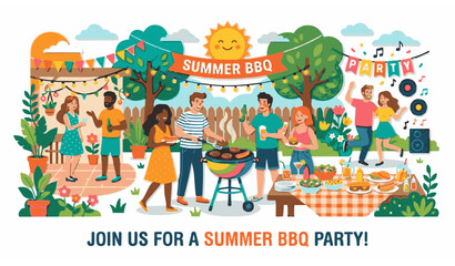Colorful BBQ summer party with friends food and outdoor celebration vector illustration