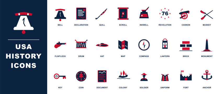 Usa history icons set american revolution symbols and objects