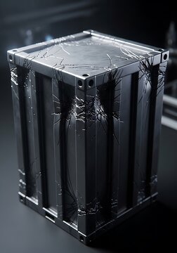 Damaged metal crate, industrial container, broken packaging, wrapped box