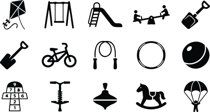 Kids playground and outdoor toys icon set with childhood park equipment vector silhouette illustrations