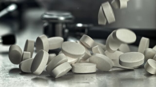White round tablets on stainless surface pharmacy clinic vibe pills Filmed on a high-speed camera at 1000 fps.
