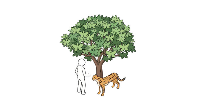 Illustration of Person Walking Leopard Near Large Tree.