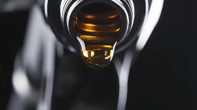 Macro shot of premium synthetic engine oil dripping from metallic nozzle, close up clean lubricant fluid for industrial machinery concept