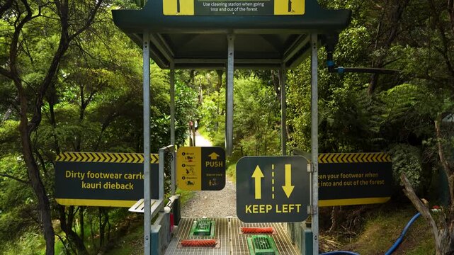 Biosecurity station displays footwear cleaning signs before a New Zealand kauri forest, pan up shot