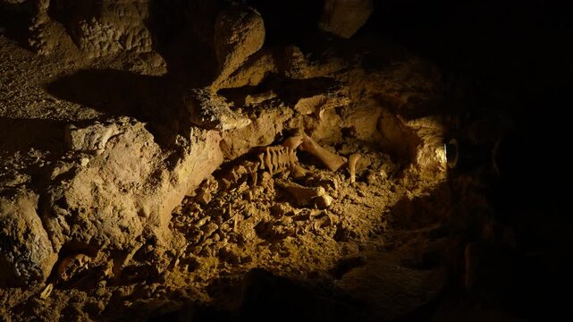 Moa skeleton remains lie inside a dark New Zealand cave, ancient natural history scene, right orbit shot.