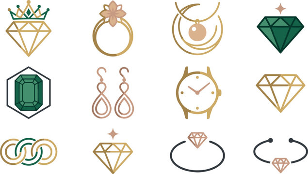 Luxury Jewelry and Diamond Icon Collection Featuring Rings, Earrings, Watches, Gemstones, and Elegant Fashion Accessory Vector Designs