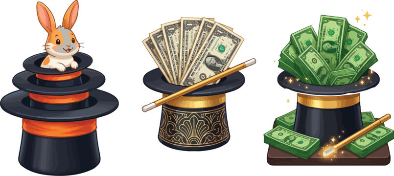 Magician hats with rabbit, money and dollar bills