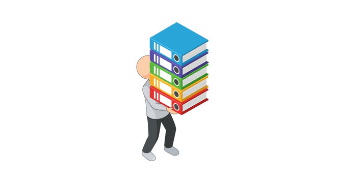 Person carrying colorful stack of binders and folders.