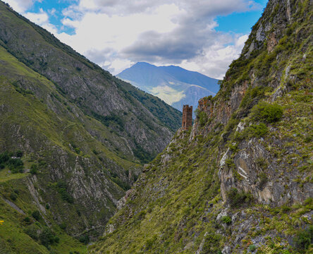 Mutso, Georgia, Historic stone tower and fortifications of Mutso citadel in the Caucasus mountains