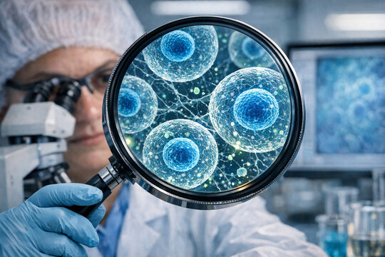 A scientist wearing a white lab coat and blue gloves is closely observing cells through an electron microscope in a laboratory setting. The microscope reveals the intricate details of cell structures.
