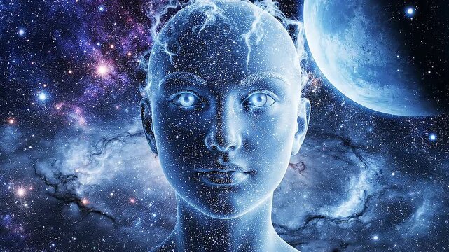 Artificial Intelligence Human Face in Cosmic Space with Stars and Distant Planet.
