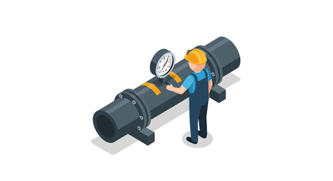 Industrial worker inspecting large pipeline pressure gauge.