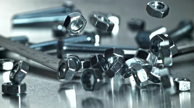 Bench view wrench with scattered nuts, chrome components, toolbox Filmed on a high-speed camera at 1000 fps.