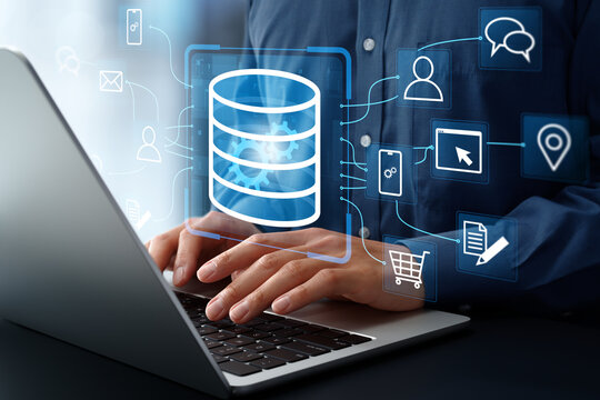 Customer data platform. CDP system and database. Marketing data analytics and customer information analysis. Businessman analyzing big data on laptop computer.
