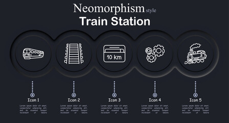 Train station set icon. High speed train transport, railway track line, distance sign kilometer, railway gear mechanism, steam locomotive engine, rail transportation infrastructure. © Anastasia