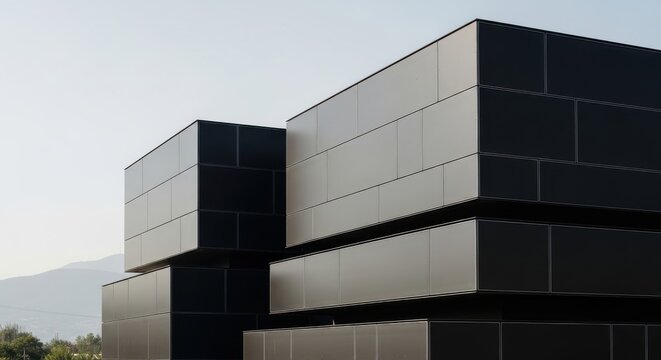 Modern geometric architecture with stacked rectangular volumes clad in dark matte material