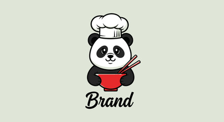 Cartoon panda chef holding a bowl with chopsticks wearing a chef's hat © Basar