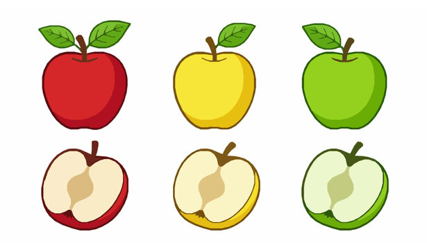 Colorful apple vector set with whole and half juicy cartoon fruits isolated on white background