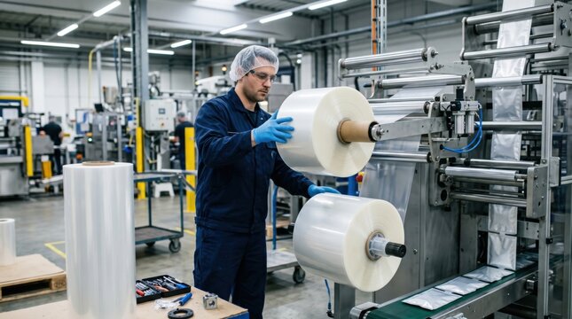 Technician replaces flexible packaging film roll on industrial machine during packaging production changeover and maintenance workflow.