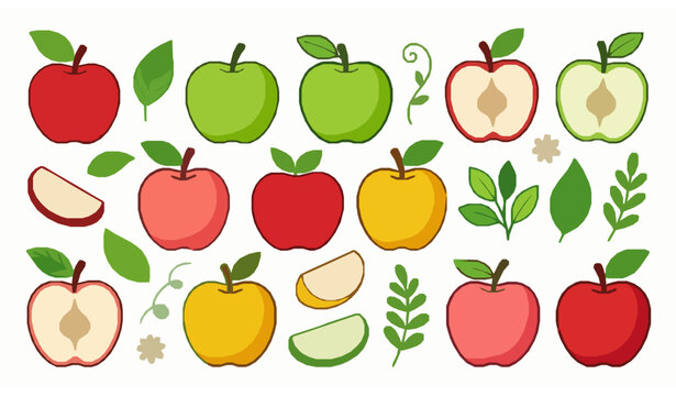 Cartoon apple clipart vector set with colorful whole and half juicy fruits isolated on white