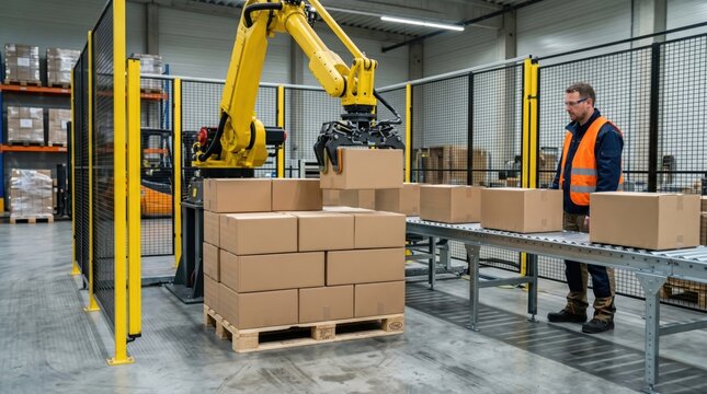 Robotic arm stacks sealed cardboard cases onto pallet during end-of-line packaging automation and shipment preparation process.