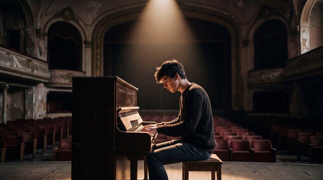 Emotional piano performance abandoned theater photography dramatic lighting side view artistic expression