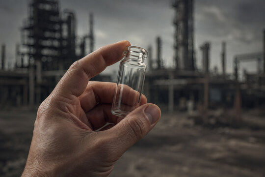 Close up of hand holding a glass sample vial against a blurred industrial factory landscape