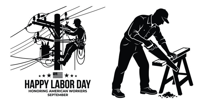 Labor day illustration electrician and carpenter celebrating american workers