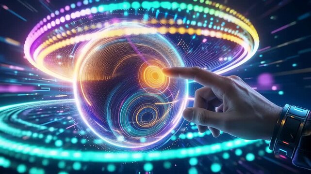 Human hand touching futuristic holographic sphere with rotating rings interface 4K video hologram future