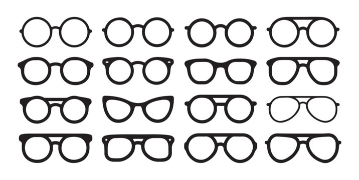 Set of black spectacle frame icons isolated on white background various trendy eyewear shapes collection.