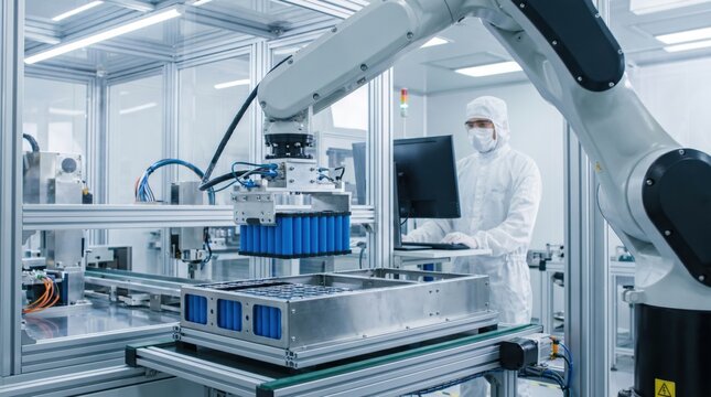 Modern battery module assembly line with industrial robot, technician supervision and precision cell placement in clean manufacturing environment.