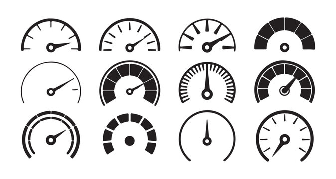 Set of various speedometers icons on white background with different dial designs and needle positions id.
