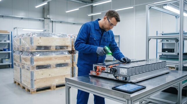 Technician performs final inspection of finished battery pack before shipment, verifying clean energy product quality at end-of-line station.