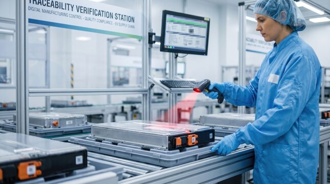 Technician scans battery module for traceability during clean energy manufacturing, supporting digital production control and quality compliance.