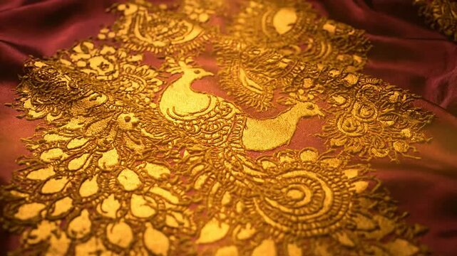 Vibrant peacock design on luxurious fabric with intricate gold patterns