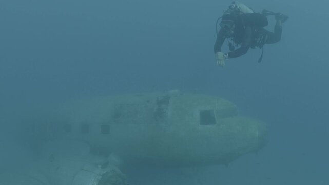 log footage of air plane wreck underwater  fish around ocean scenery of airplane and metal on ocean floor  scenery scuba divers to explore c47 dakota airplane