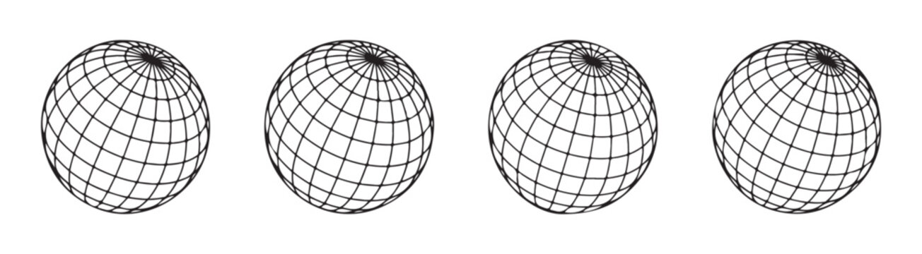 Set of four globe wireframe icons depicting global connection and network on white background.
