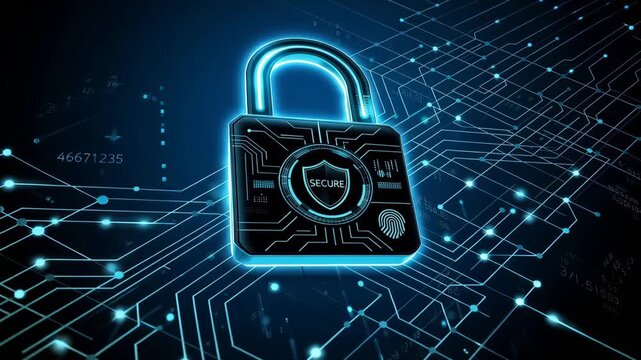 Glowing digital security lock icon on circuit board network background 4K video cyber protection technology