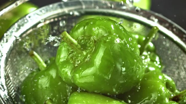 Green bell peppers in colander under running water, closeup droplets Filmed on a high-speed camera at 1000 fps.