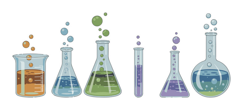 Chemical laboratory glassware set with colorful bubbling fluids for scientific research and education theme.