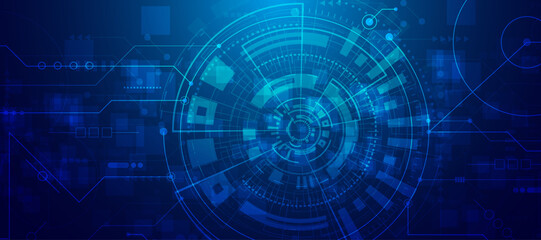 Obraz premium Futuristic digital technology background with blue glowing circular interface and complex data elements.