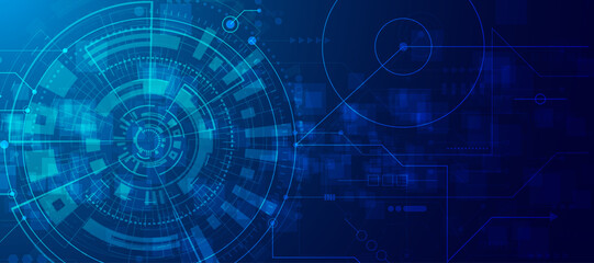 Obraz premium Futuristic digital technology background with blue glowing circular interface and complex data elements.